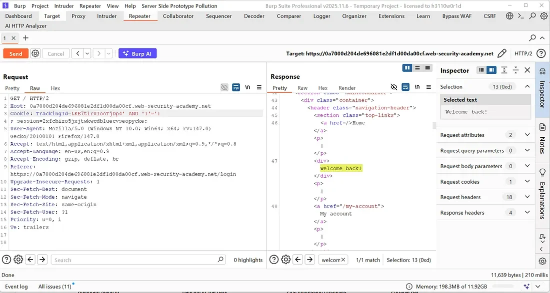 Blind SQL Injection Conditional Responses Lab